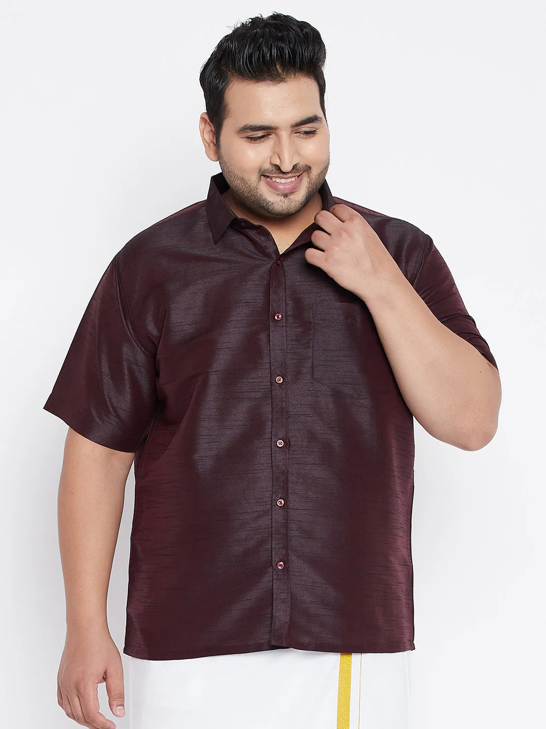 VASTRAMAY Men's Plus Size Wine Silk Blend Ethnic Shirt