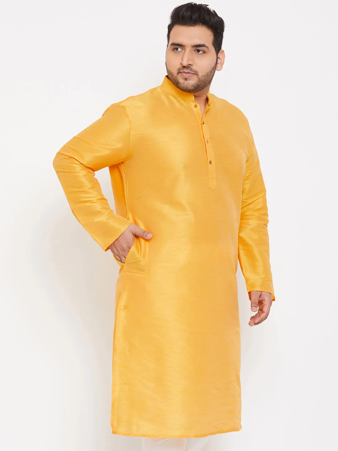 VASTRAMAY Men's Plus Size Yellow Silk Blend Kurta