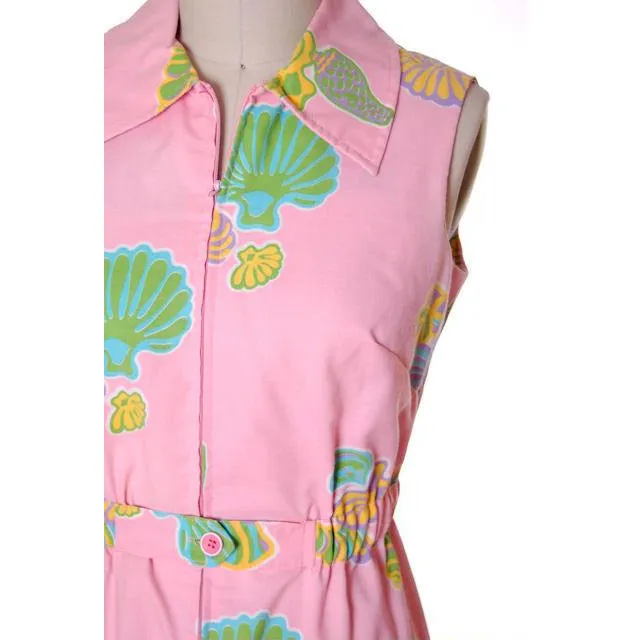 Vintage Pink Swirl Dress Sea Shell Pattern Concept 70s 40-34-43
