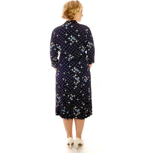 Vintage Womens Dress & Jacket Navy Rayon 1940s  Print Plus Size  40-35-50