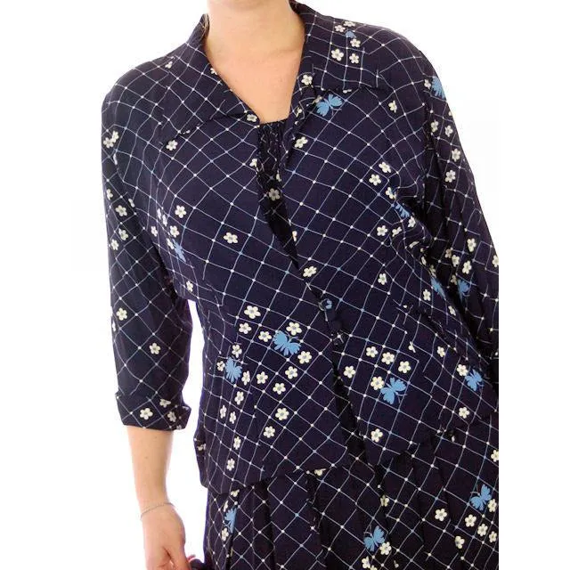 Vintage Womens Dress & Jacket Navy Rayon 1940s  Print Plus Size  40-35-50