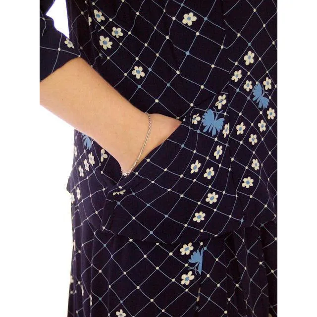 Vintage Womens Dress & Jacket Navy Rayon 1940s  Print Plus Size  40-35-50