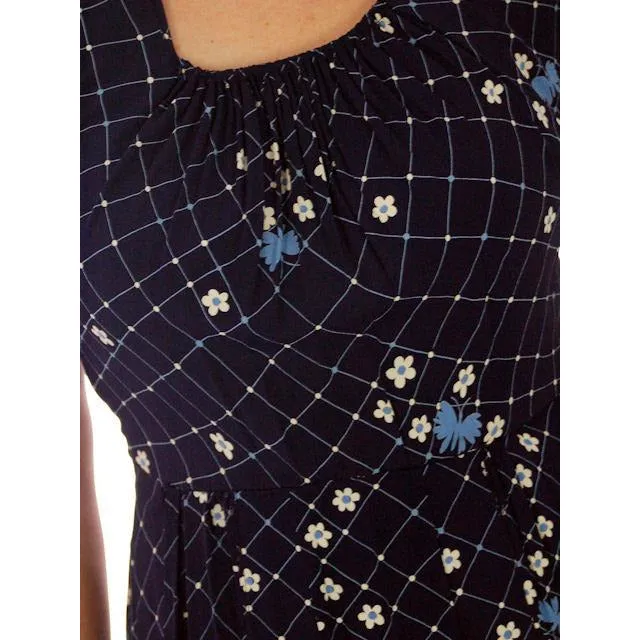 Vintage Womens Dress & Jacket Navy Rayon 1940s  Print Plus Size  40-35-50