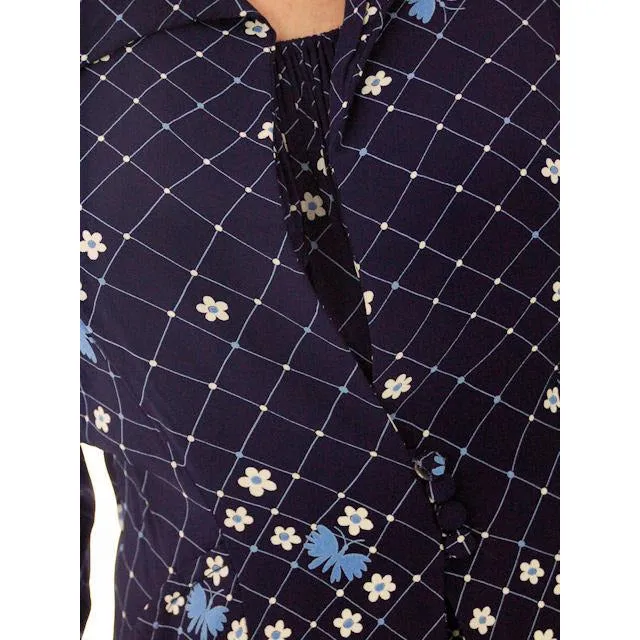 Vintage Womens Dress & Jacket Navy Rayon 1940s  Print Plus Size  40-35-50