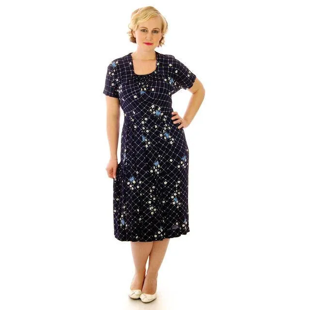 Vintage Womens Dress & Jacket Navy Rayon 1940s  Print Plus Size  40-35-50