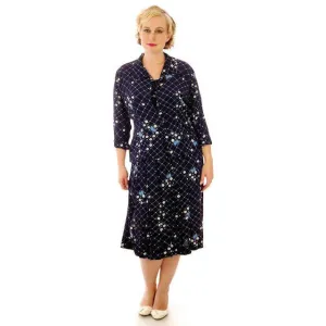 Vintage Womens Dress & Jacket Navy Rayon 1940s  Print Plus Size  40-35-50