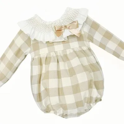 Wee Me Baby Girls Tan Check Romper