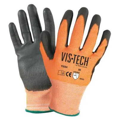 Wells Lamont Vis-Tech Cut-Resistant Gloves with Polyurethane Coated Palm, Large, Orange/Black, Y9294L