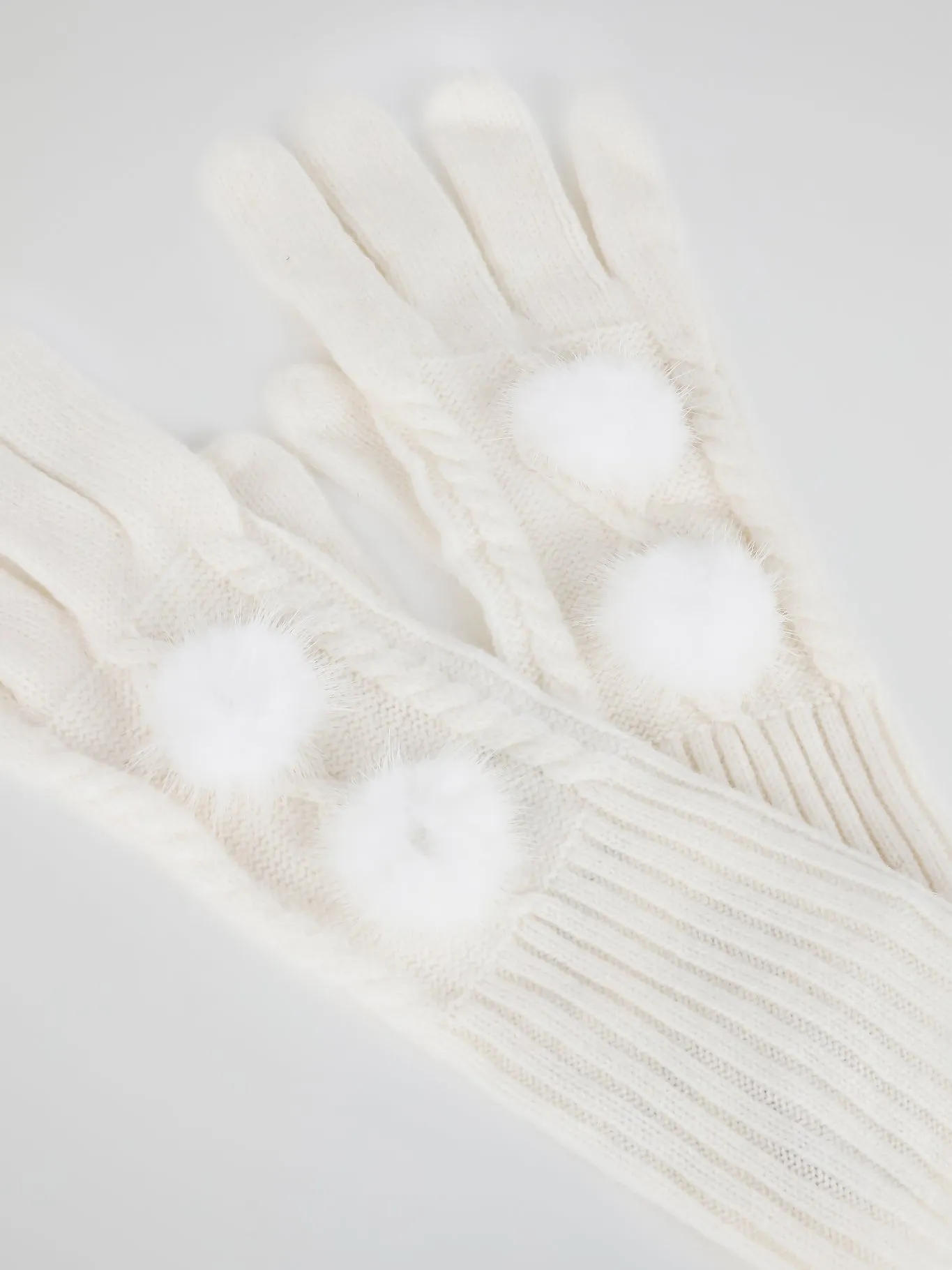 White Mink Fur Pom Pom Gloves