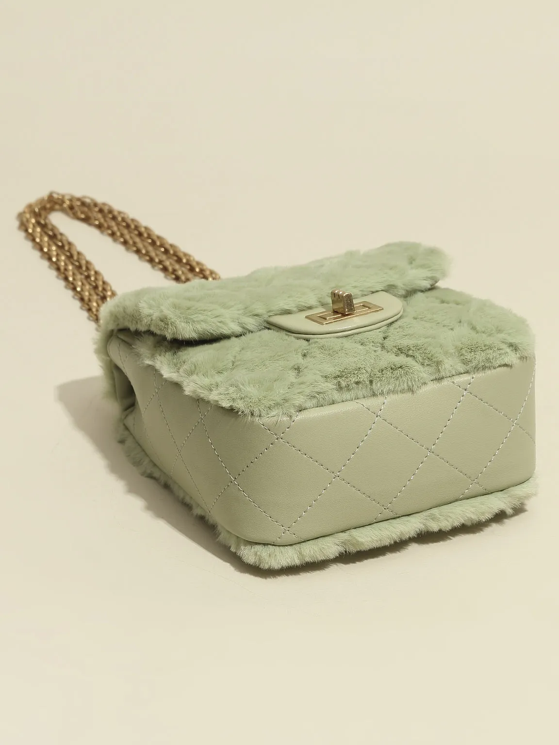 Women's Mini Bag Fur Quilted Design With Golden Chain Strap In Pistachio