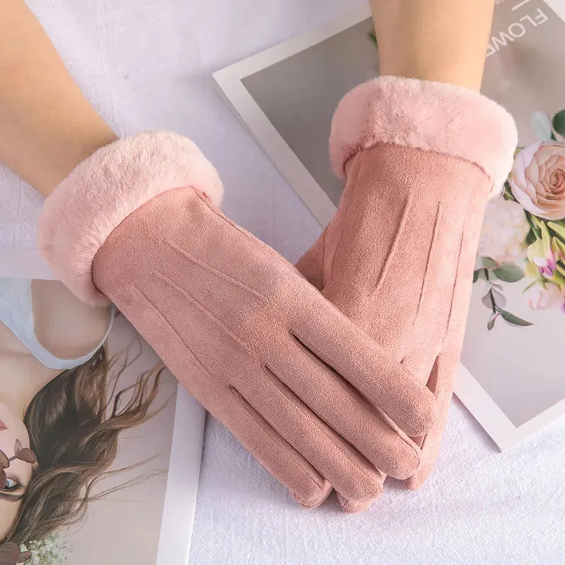 Women's Winter Gloves - Warm Fur Gloves with Touch Screen, Full Finger Mittens for Driving, Windproof