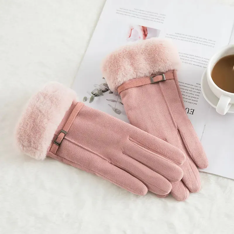 Women's Winter Gloves - Warm Fur Gloves with Touch Screen, Full Finger Mittens for Driving, Windproof