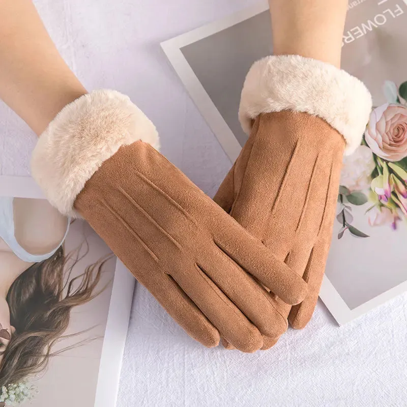Women's Winter Gloves - Warm Fur Gloves with Touch Screen, Full Finger Mittens for Driving, Windproof