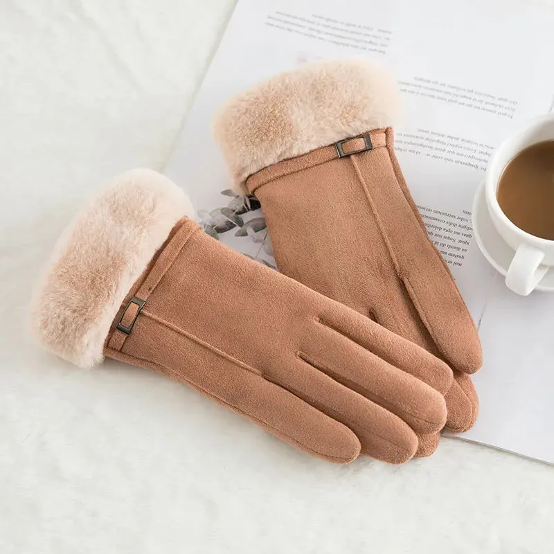 Women's Winter Gloves - Warm Fur Gloves with Touch Screen, Full Finger Mittens for Driving, Windproof