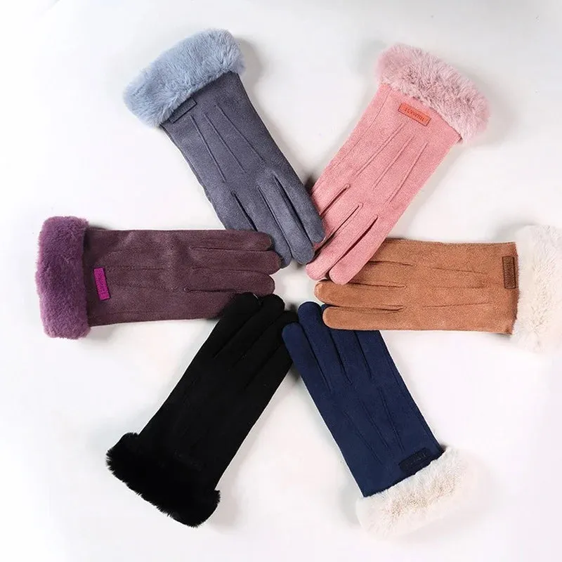Women's Winter Gloves - Warm Fur Gloves with Touch Screen, Full Finger Mittens for Driving, Windproof