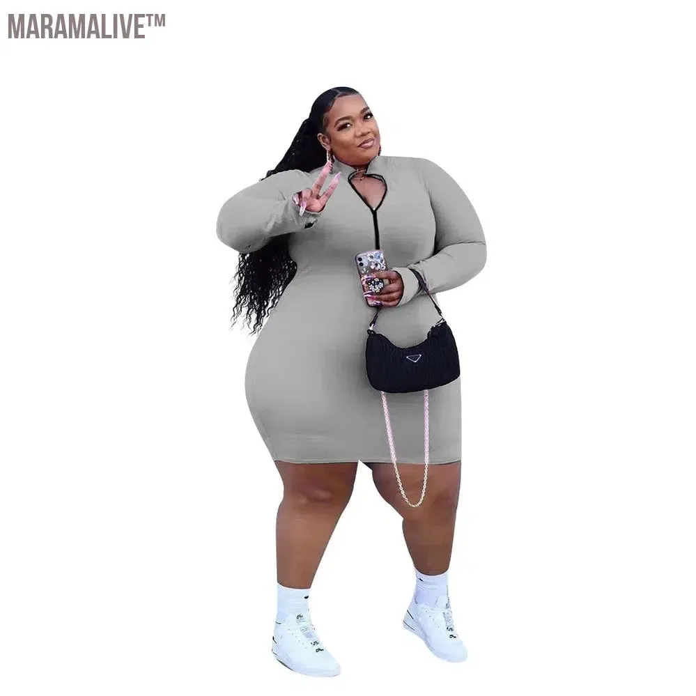 XL-5XL Plus Size Women Clothing Fashion Sexy Solid Color Long Sleeve Zip Rib Mini Dress Ladies Outfit