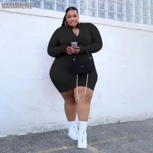 XL-5XL Plus Size Women Clothing Fashion Sexy Solid Color Long Sleeve Zip Rib Mini Dress Ladies Outfit