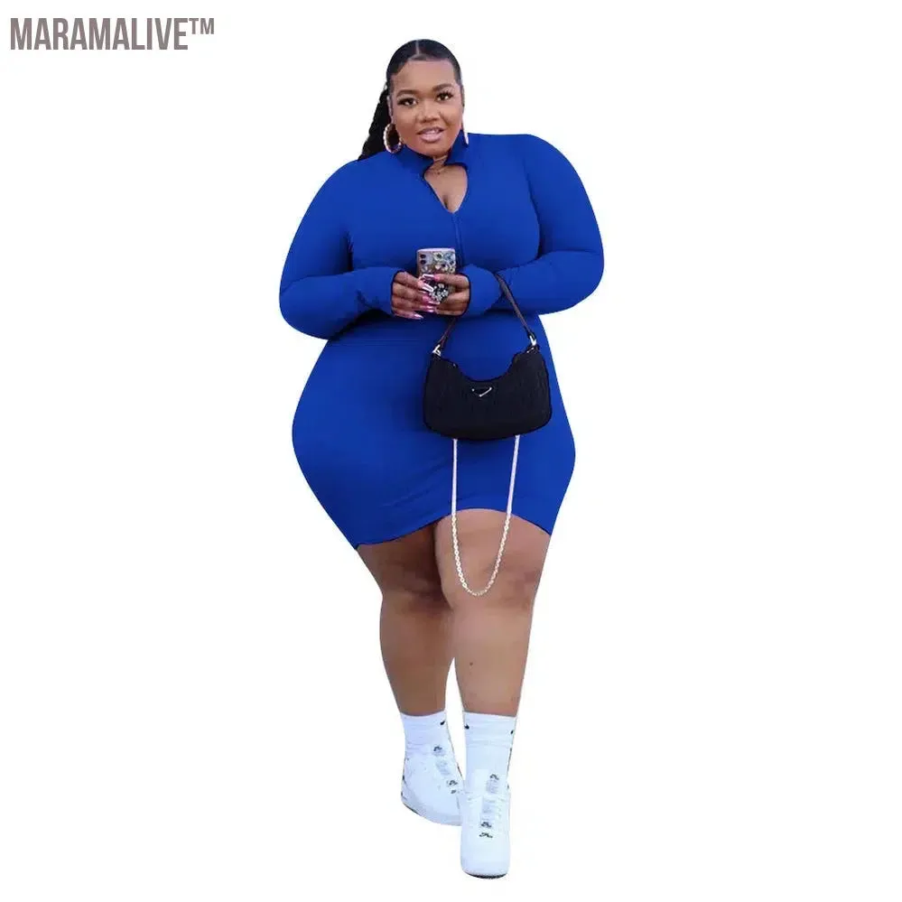 XL-5XL Plus Size Women Clothing Fashion Sexy Solid Color Long Sleeve Zip Rib Mini Dress Ladies Outfit