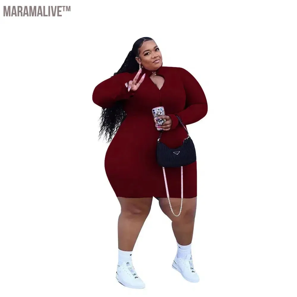 XL-5XL Plus Size Women Clothing Fashion Sexy Solid Color Long Sleeve Zip Rib Mini Dress Ladies Outfit