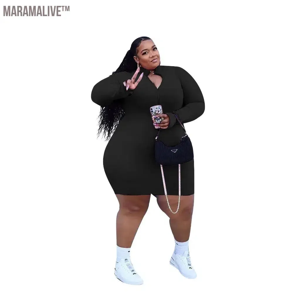 XL-5XL Plus Size Women Clothing Fashion Sexy Solid Color Long Sleeve Zip Rib Mini Dress Ladies Outfit