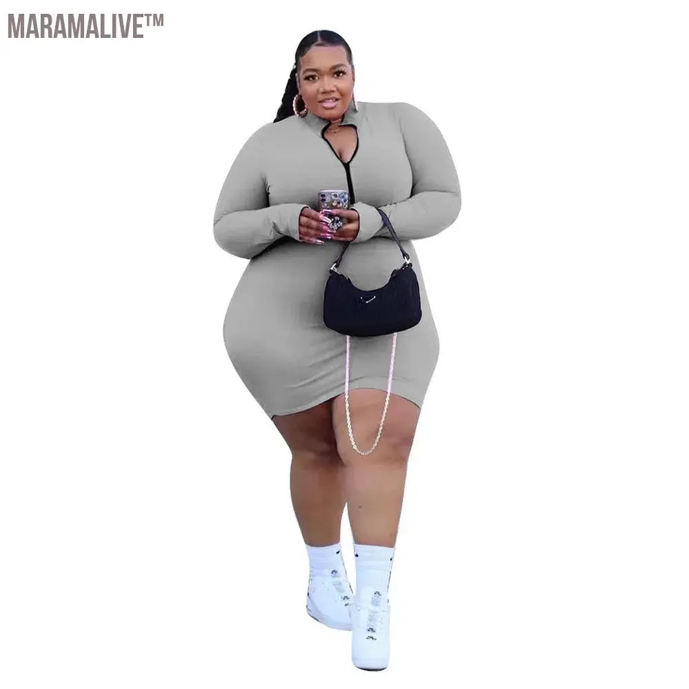 XL-5XL Plus Size Women Clothing Fashion Sexy Solid Color Long Sleeve Zip Rib Mini Dress Ladies Outfit