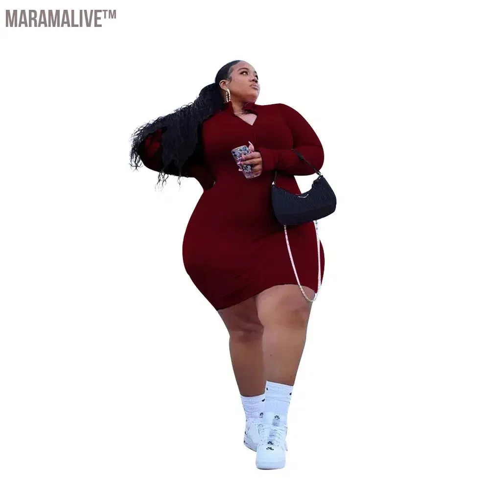 XL-5XL Plus Size Women Clothing Fashion Sexy Solid Color Long Sleeve Zip Rib Mini Dress Ladies Outfit