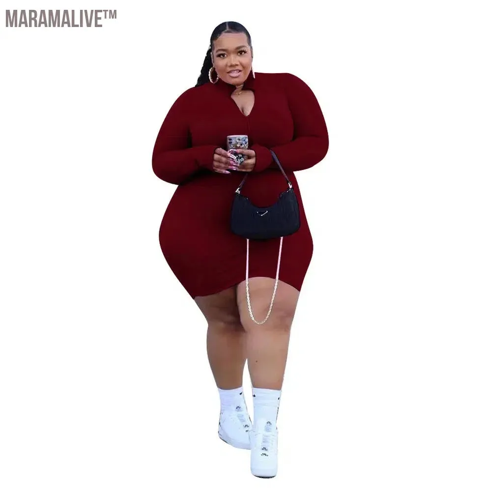 XL-5XL Plus Size Women Clothing Fashion Sexy Solid Color Long Sleeve Zip Rib Mini Dress Ladies Outfit