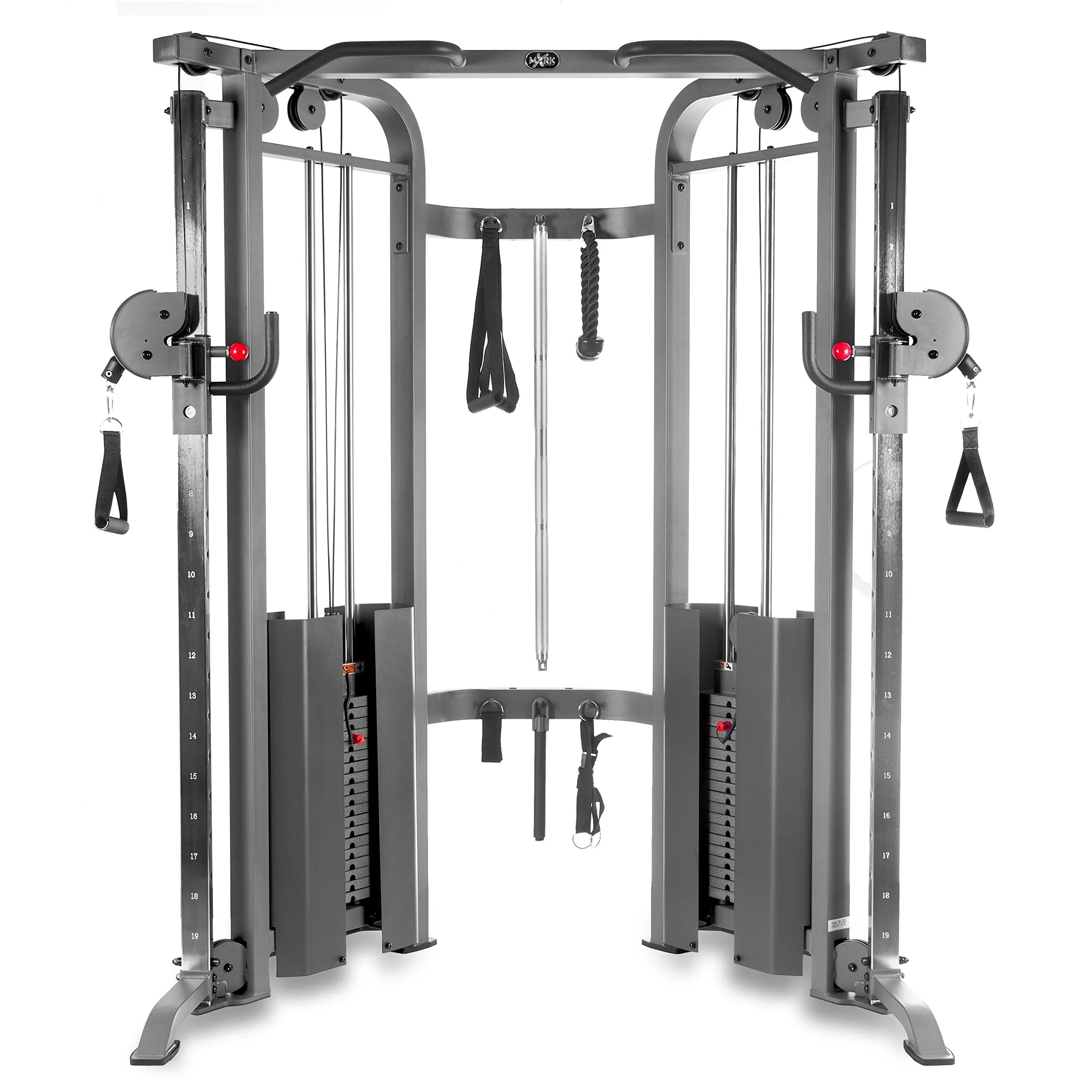 XMARK Functional Trainer Cable Machine Home Gym with Dual 200 lb Weight Stacks, Exercise Equipment for Home, Multifunctional Gym Weight Machine with Upgraded Attachments and Weight Bench