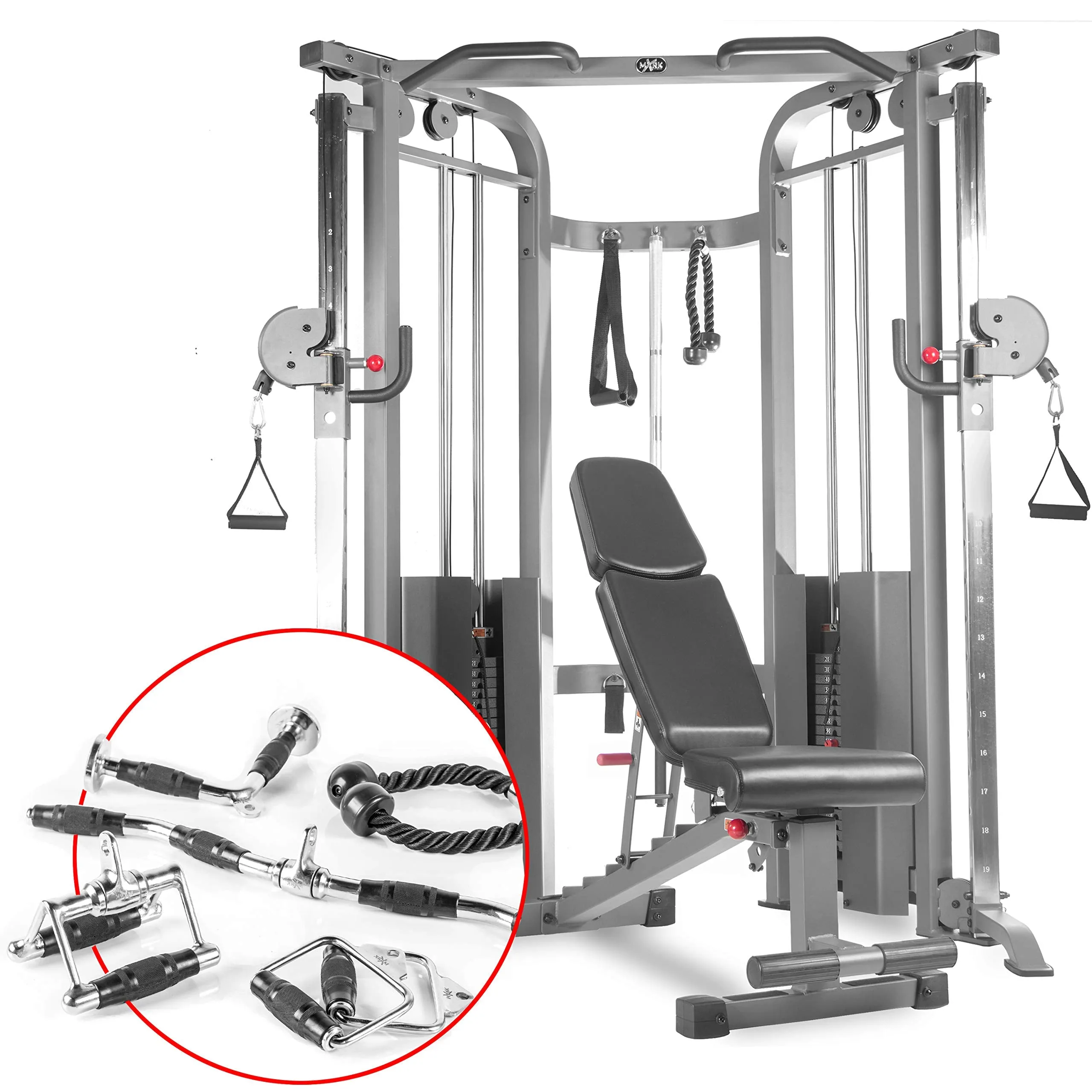 XMARK Functional Trainer Cable Machine Home Gym with Dual 200 lb Weight Stacks, Exercise Equipment for Home, Multifunctional Gym Weight Machine with Upgraded Attachments and Weight Bench
