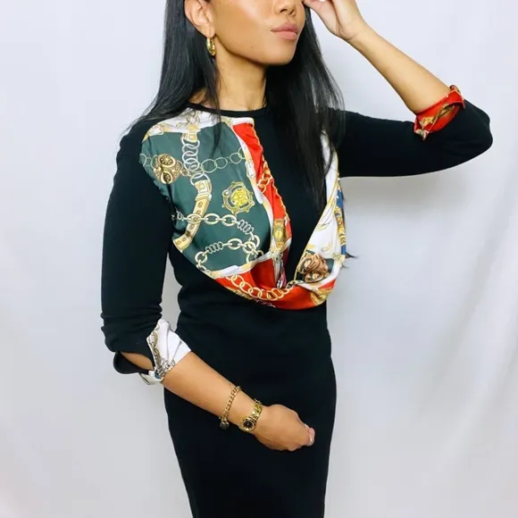 Zara | Rare Black Long Sleeve Mini Dress with Built-in Satin Scarf