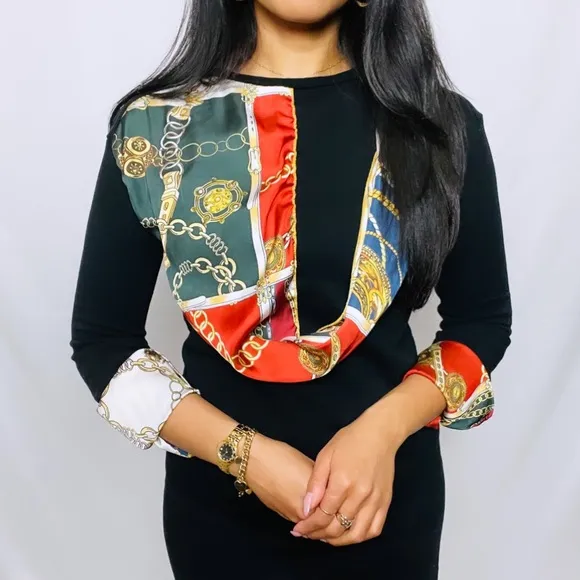 Zara | Rare Black Long Sleeve Mini Dress with Built-in Satin Scarf