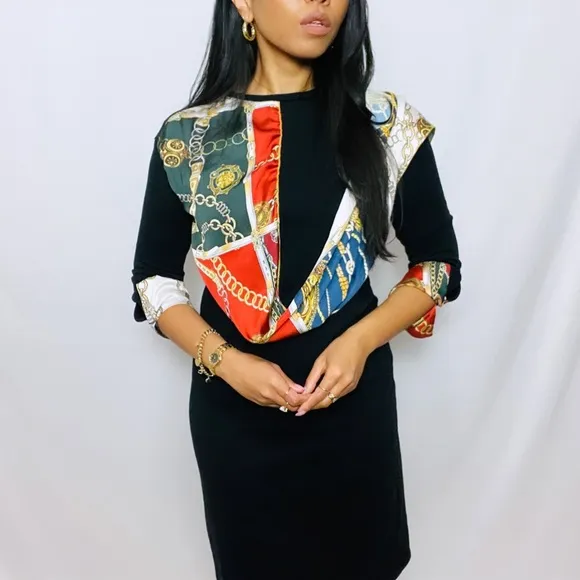 Zara | Rare Black Long Sleeve Mini Dress with Built-in Satin Scarf