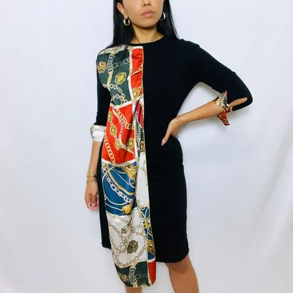 Zara | Rare Black Long Sleeve Mini Dress with Built-in Satin Scarf