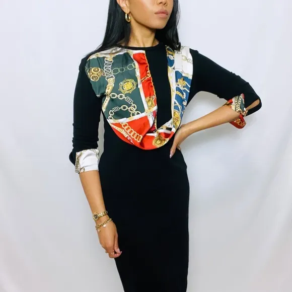 Zara | Rare Black Long Sleeve Mini Dress with Built-in Satin Scarf